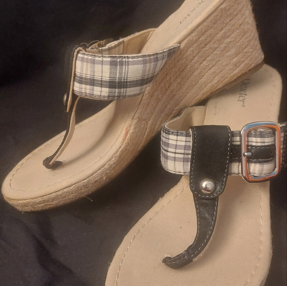 Black and white plaid buckle style sandle wedge